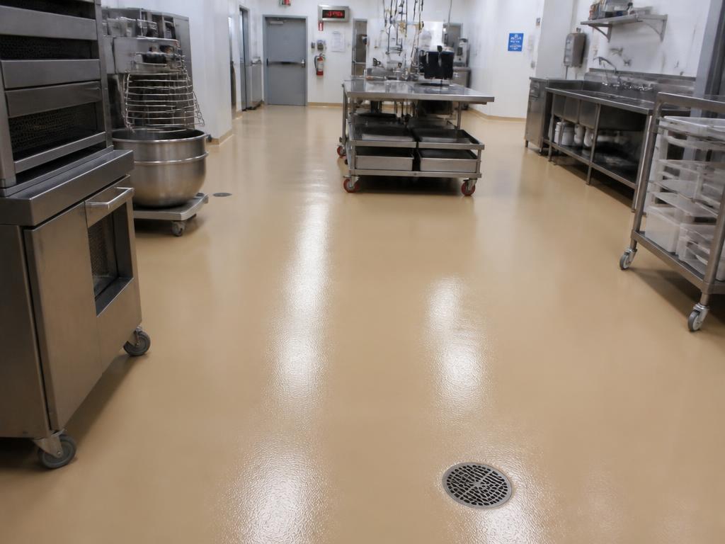 Tan commercial kitchen epoxy floor with a sanitary seamless finish