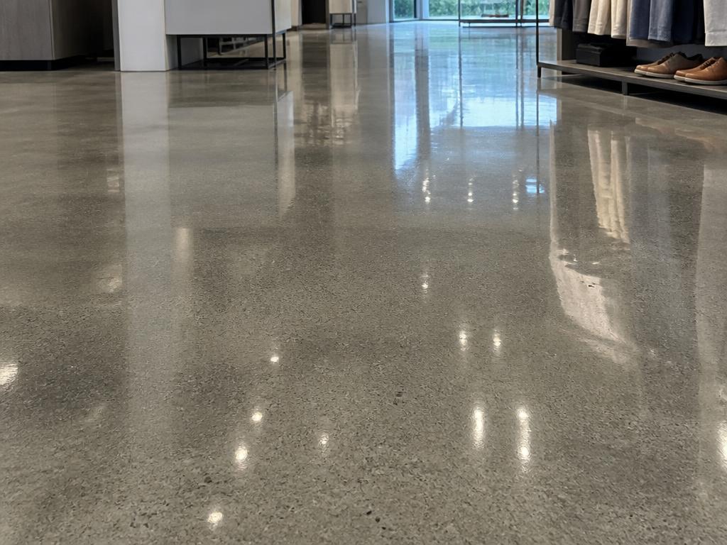 Polished concrete floor with a mirror-like reflective finish after diamond grinding