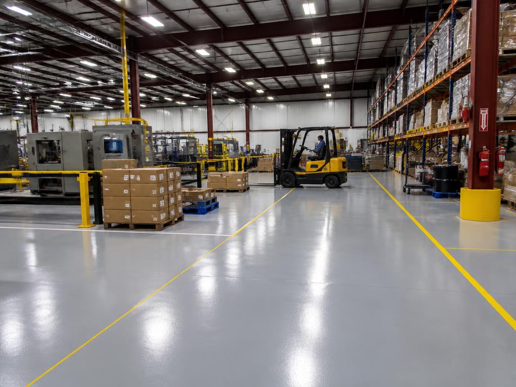 Aircraft hangar flake epoxy floor with planes parked on it